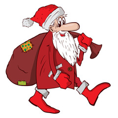 Santa Claus carries a big red bag with gifts.