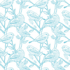 seamless pattern with the linear vector sparrow bird on a branch - 96239796