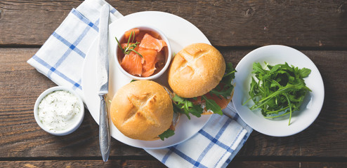 Sandwich with cream cheese salmon and arugula
