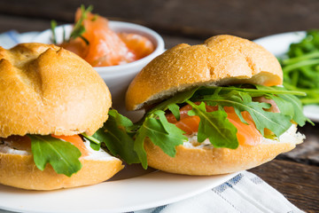 Sandwich with cream cheese salmon and arugula