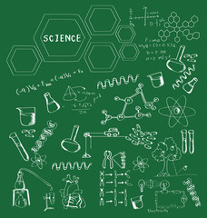Hand drawn science on school board, Science doodles