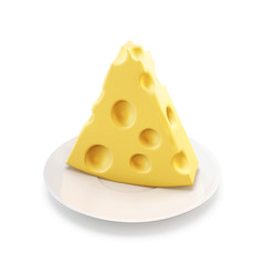 Piece of cheese on a saucer. 3d.