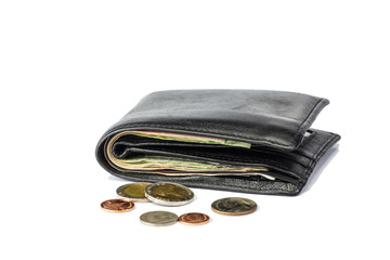 Wallet and coins isolated white background