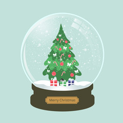 christmas snow globe with fir-tree and present