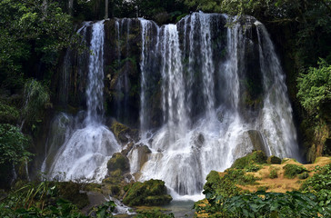 Fototapeta na wymiar Waterfall in a lush rainforest. Beautiful waterfalls or cascades in El Nicho, El Nicho waterfall, in Scambray mountains. Cienfuegos province, Cuba.