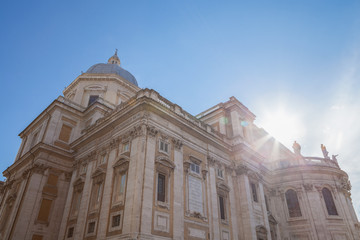 Big beautiful building of church against blue sky and sunshine