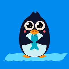 Penguin Eating Fish on Ice. Vector Illustartion