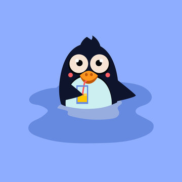 Funny Swimming Penguin with a Coctail. Vector Illustration