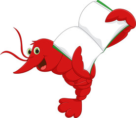 happy shrimp cartoon holding a book