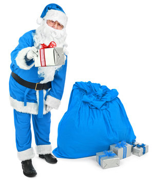 Blue Santa gives a present