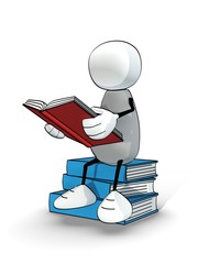 little sketchy man on a pile of blue books reading the red book