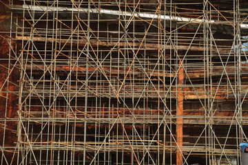 Close up of the ship under construction with scaffolding