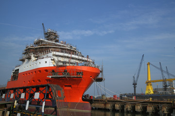 Ship under repairs with scaffolding