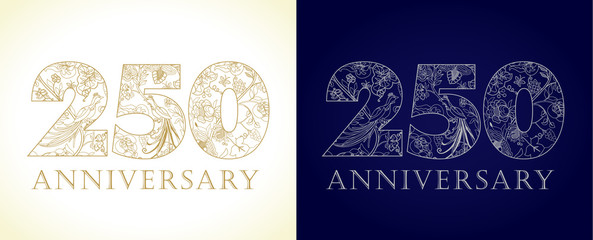 250 anniversary vintage logo. Template numbers of 250th jubilee in ethnic patterns and birds of paradise. 