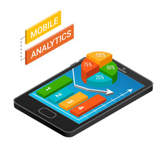 Isometric smartphone with graphs. Mobile analytics concept.