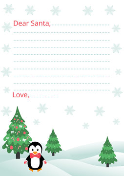 letter to santa with penguin and fir tree 