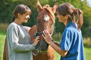 Female Vet Examining Horse In Field With Owner