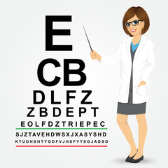 female optician pointing to snellen chart