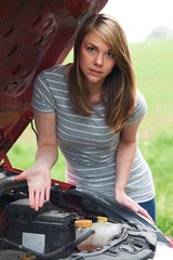 Fototapeta na wymiar Frustrated Female Motorist With Broken Down Car