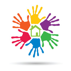concept circle of hands, green house symbol