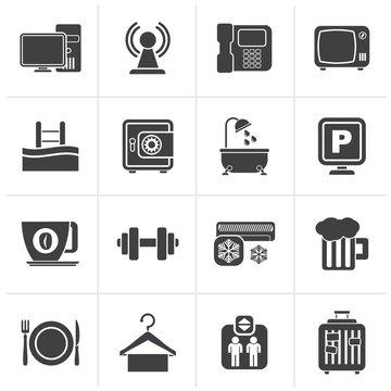 Black Hotel Amenities Services Icons - Vector Icon Set