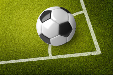 A realistic soccer ball on the corner of the soccer field