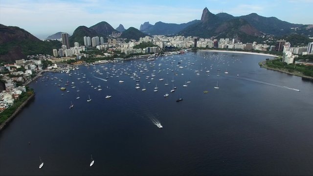 Aerial view of Guanabara Bay in Rio de Janeiro, Brazil.