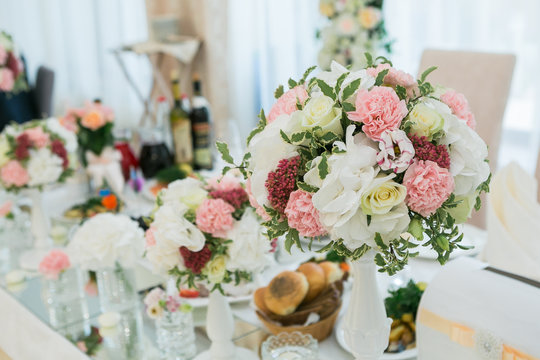 Beautiful flowers on table in wedding day