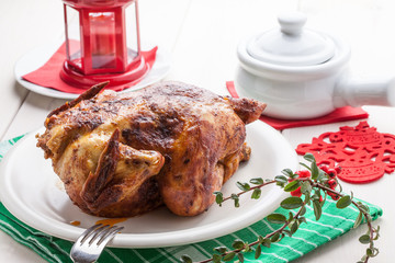 Baked chicken on white plate.