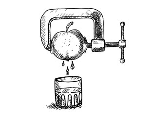 Apple squeezed in a vice beneath a glass of juice