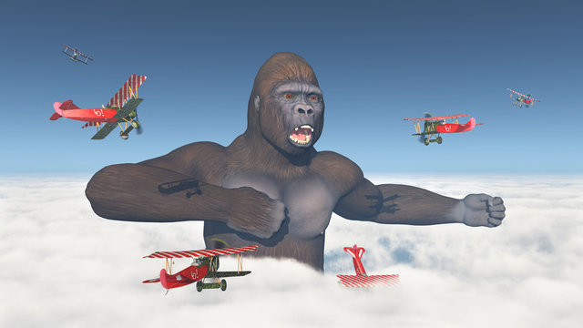Biplanes aircrafts attack a giant gorilla