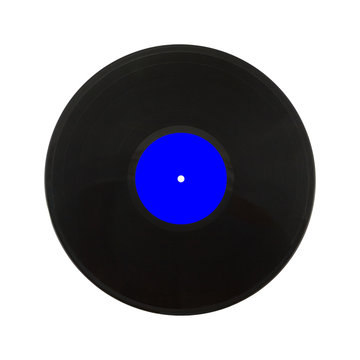 Single black long-play vinyl record with blue label isolated on white background. Square Photo closeup