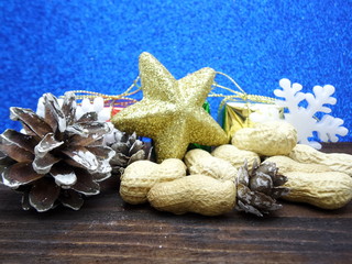 Christmas ornaments and blue backdrop