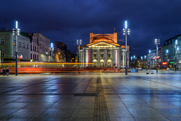 Fototapeta na wymiar Wyspianski Theatre on the central square of the Katowice, and th