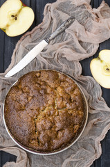 Apple charlotte with semolina topped with powdered sugar   