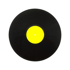 Single black long-play vinyl record with yellow label isolated on white background. Square Photo closeup