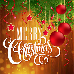 Christmas decoration on wooden background. Vector illustration