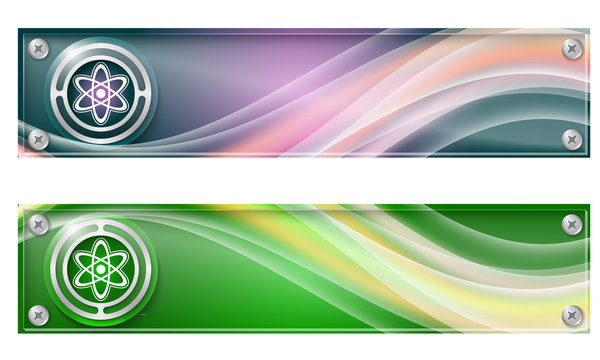 Set of two banners with colored rainbow and science symbol