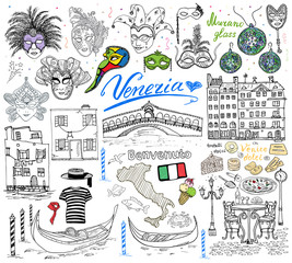 Venice Italy sketch elements. Hand drawn set with flag, map, gondolas gondolier clouth , houses, pizza, traditional sweets, carnival venetian masks, market bridge. Drawing doodle collection isolated