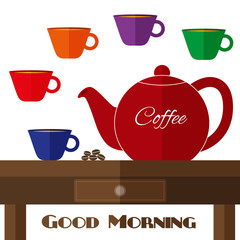Fully vector flat coffeepot illustration with set of cups in colors