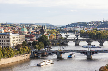 Fototapeta premium View of the Vltava River and bridges at sunset. Prague. Czech Republic.