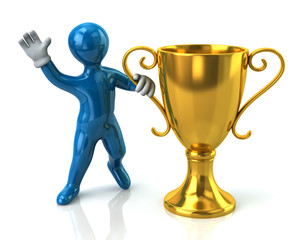 Blue cartoon man and gold cup of the winner