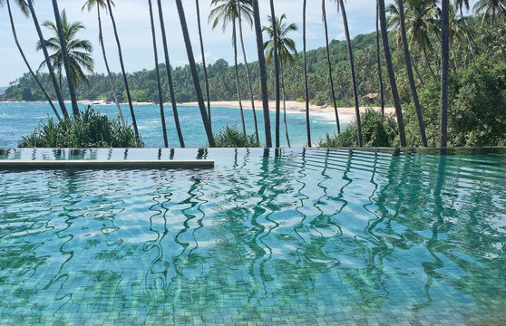 Eternity swimming pool above sandy paradise beach and palm trees in tropical landscape.