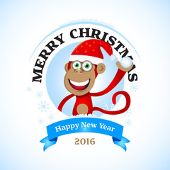 2016 red monkey emblem. Vector illustration of a red monkey, a symbol of New Year 2016, with new year hat, snowflakes and blue ribbon. T-shirt or a greeting card. 