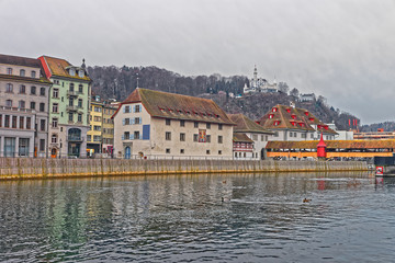 Winter scenery on the embankment of Reuss river