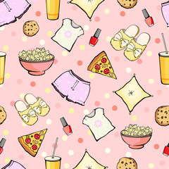 Vector Cute Sleepover Party Food Objects Seamless Pattern. Pizza. Popcorn. Pajamas. Treat