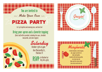 Vector Make Your Own Pizza Party Invitation Set. Recipe Card. Grazie Thank You - 96273125