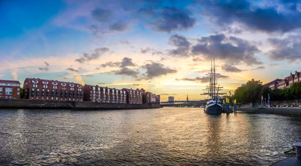 Scenic view of Bremen with Weser river at sunset, Germany