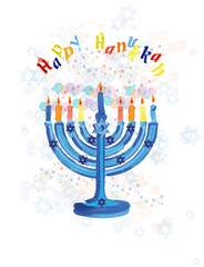 Happy Hanukkah holiday illustration in Israel national colors and colorful menorah