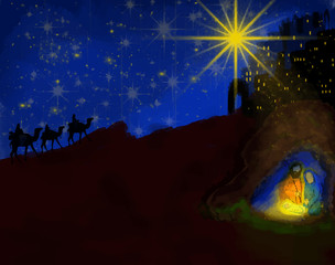 Christmas nativity scenery with three kings silhouettes, abstract watercolor illustration